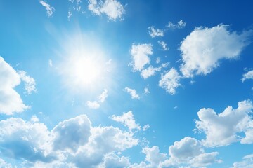 beautiful blue sky with white cumulus clouds and sun for abstract background