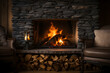 Cozy fireplace with crackling firewood
