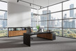 © ImageFlow - Modern office interior with workplace near panoramic window. Mock up wall