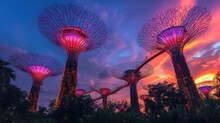Solar-powered Supertrees At Dusk In Gardens By The Bay, Singapore