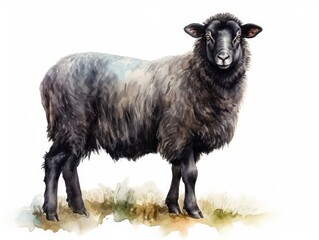 Watercolor Black Sheep Portrait Isolated, Aquarelle Lamb, Creative Watercolor White Sheep