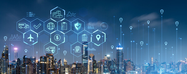 Poster - Bangkok cityscape and logistics icons on a virtual screen, tracking concept