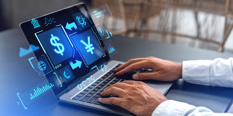 Poster - Man working in laptop, yuan with dollar exchange icons, money transaction