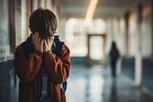 Upset Boy Covered His Face With Hands Standing Alone In School Corridor. Learning Difficulties, Emotions, Bullying In School, Generative AI