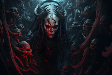 Wall Mural - Demon woman with horns and hair made of squid tentacles