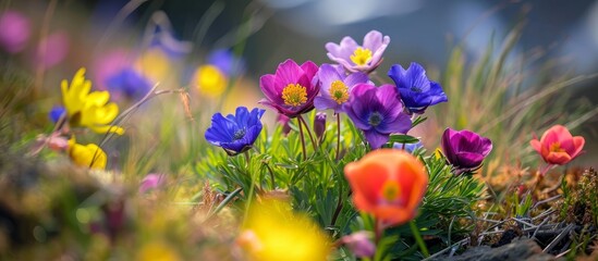 Wall Mural - Vibrant Alpine Flowers Blossoming in Spring: A Colorful Close-Up Picture