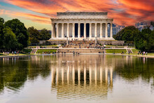 The Memorial Temple Of Abraham Lincoln's Memorial Reflected In The Reflecting Pool Pond Of The Fabulous National Mall In The City Of Washington DC, USA.