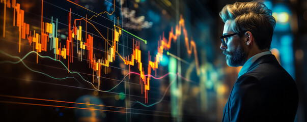 Poster - Futuristic Financial Analysis with Businessman Pointing to Growth Charts, Representing Investment Success and Market Strategy Planning