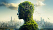 Green-Thinking Avatar Overlooking Sustainable City, Vision of Eco-Friendly Urban Life and Nature Harmony