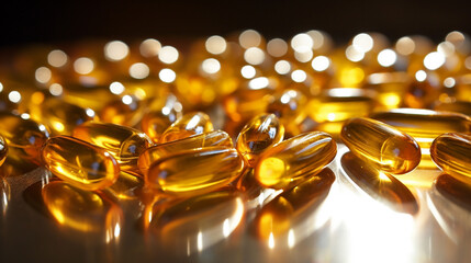 Wall Mural - Omega-3 fish oil capsules on a dark wooden background. selective focus. Generative AI,