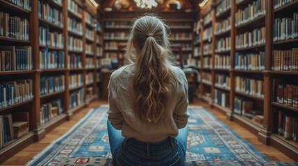 Intellectual teenager in a library full of books. Back view. Concept of learning, reading and education in children and teenagers. World Book Day.