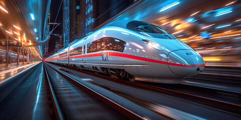 Wall Mural - the new  highspeed passenger train, modern High speed train in motion on the railway station at sunset