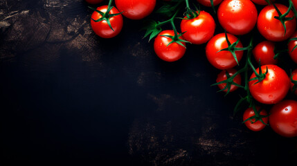 ripe, juicy tomatoes on a dark background with space for text