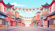 cartoon street scene with traditional architecture and hanging red lanterns.
