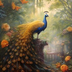 Wall Mural - Ai generated a golden purple peacock sitting by the lake.