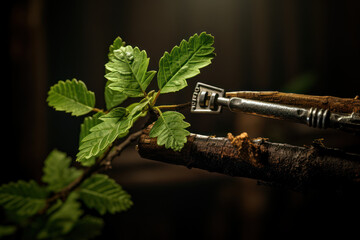 Poster - a key turning into a tree branch, depicting organic growth in trust. generative ai.
