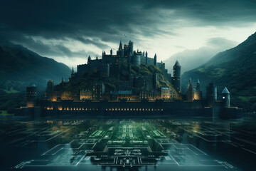 Poster - a castle made of digital pixels, conveying digital security in the modern age. generative ai.