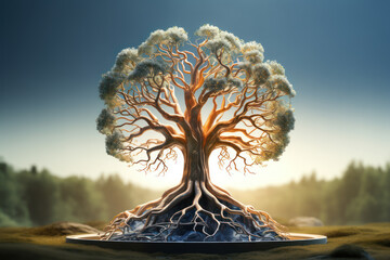 Poster - a tree with roots and branches in the shape of brain hemispheres, illustrating the growth of ideas. 