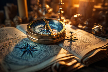 Poster - A compass needle pointing towards an open book, indicating the direction of knowledge and discovery. Concept of guided learning. Generative Ai.