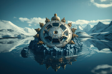 Poster - an iceberg with its submerged part made of gears and cogs, depicting the unseen depth of thought. co
