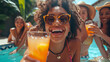 © Viktorikus - Party in the pool, diverse bunch of friends having a blast at a poolside gathering. They're laughing, sipping on drinks, and snapping selfies in the yard, vacation holidays relaxing concept