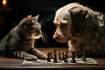 Wall Mural - A dog and cat playing chess, offering a humorous take on animal intelligence. Concept of intelligent animal humor. Generative Ai.