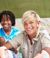 Wall Mural - Portrait, happy children and friends in tent together, camping and relax outdoor on summer holiday. Face of young boys, campsite and kids smile for vacation travel, recreation adventure and leisure