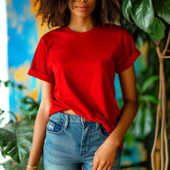 Wall Mural - Red T-shirt Mockup, Black Woman, Girl, Female, Model, Wearing a Red Tee Shirt and Blue Jeans, Fitted Blank Shirt Template, Standing in a Room with Plants, Close-up View