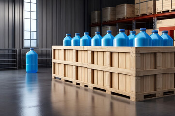 Wall Mural - Plastic bottles with chemical liquid stored in wooden boxes on industry warehouse storage of liquids. Storage cans in factory. Concept of industrial warehousing and storage of goods. Copy text space