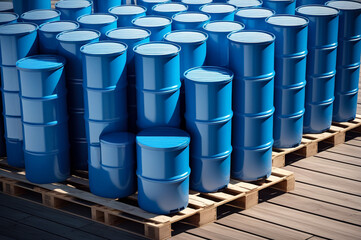 Wall Mural - Warehouse storage of chemical liquids. Rows of liquid containers standing on wooden pallets. Background of storage cans in the warehouse. Concept of warehousing and stored of goods. Copy ad text space