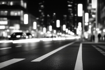 Wall Mural - Black and white background of night street with bokeh blurred light cars and street lamps. Abstract backdrop of defocused lights at city life. Concept of cityscape backgrounds for design. Copy space