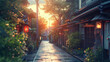Sunset Serenity in Historical Alley, setting sun bathes a peaceful, traditional alleyway in a warm glow, with cultural lanterns gently illuminating the path ahead