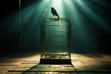 Poster - a shadow of a bird in a cage with an open door, symbolizing the feeling of entrapment and desire for