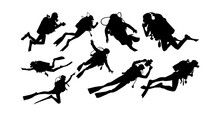 Scuba Diving Silhouette, Diver, Great Set Collection Clip Art Silhouette , Black Vector Illustration On White Background.