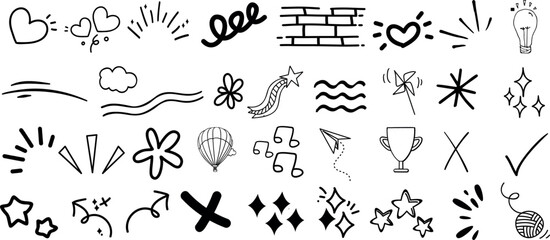 Wall Mural - Doodle art vector illustration, hearts, stars, flowers, waves, creative expression, modern aesthetic, background design, adult coloring books, black and white, hand-drawn sketch, abstract shapes