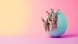 Group cute of bunnies hiding inside a huge colorful easter egg on pastel background. Space for text.