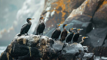 Cape Cormorants Sitting On Rock