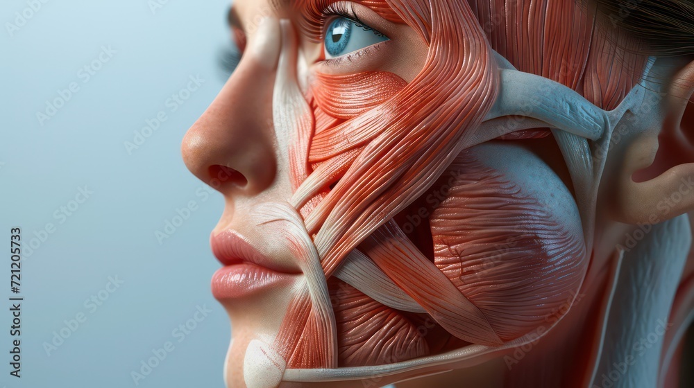 Young woman with half of face with muscles structure under skin. Model for medical training. Close up portrait of face human anantomy.