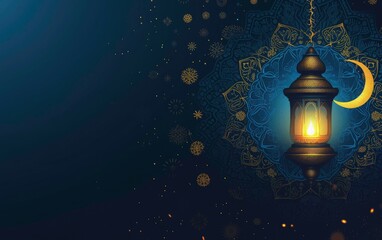 islamic eid festival greeting background, ramadan lamp and moon with mandala background