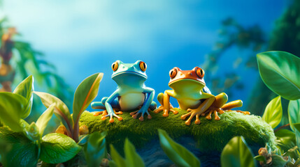 Wall Mural - Frog sitting on a branch in the rainforest. Wildlife scene from nature. 3D rendering