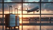 © Elena - Two suitcases by the panoramic window in the waiting room against the backdrop of a plane taking off. Generated AI