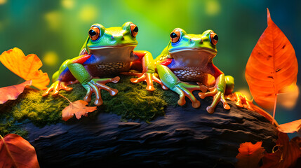 Wall Mural - Frog sitting on a branch in the rainforest. Wildlife scene from nature. 3D rendering