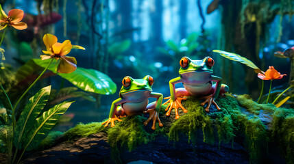 Wall Mural - Frog sitting on a branch in the rainforest. Wildlife scene from nature. 3D rendering