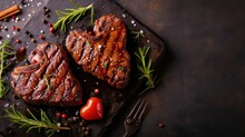 Two Grilled Beef Steaks In The Form Of A Heart With Spices For Valentine's Day On A Stone Background With Copy Space For Your Text. Dinner Concept For Two For Valentine's Day Celebration