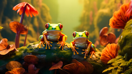 Wall Mural - Frog sitting on a branch in the rainforest. Wildlife scene from nature. 3D rendering