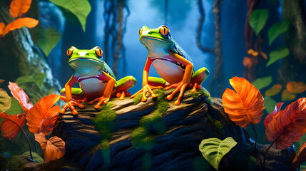 Wall Mural - Frog sitting on a branch in the rainforest. Wildlife scene from nature. 3D rendering