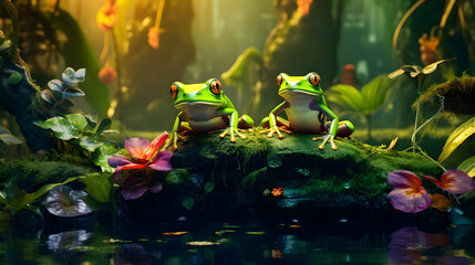 Wall Mural - Frog sitting on a branch in the rainforest. Wildlife scene from nature. 3D rendering