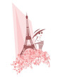 elegant woman wearing sunglasses and wide brimmed hat among blooming tree flower branches and eiffel tower - fashion spring in Paris vector design