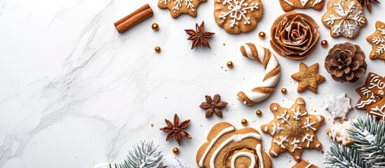 Sticker - Christmas baking with various cookies and sweets on a white marble background.