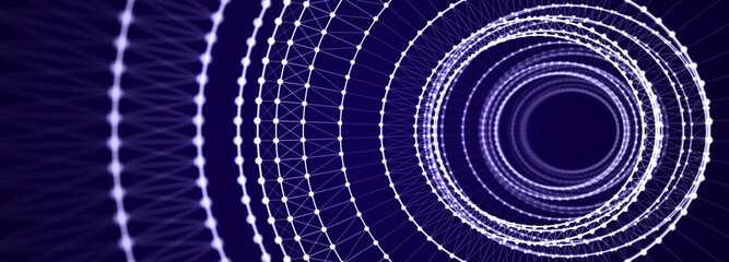 Fototapete - Abstract tunnel of dots and lines. 3D wormhole with a mesh structure. Vortex. 3d rendering